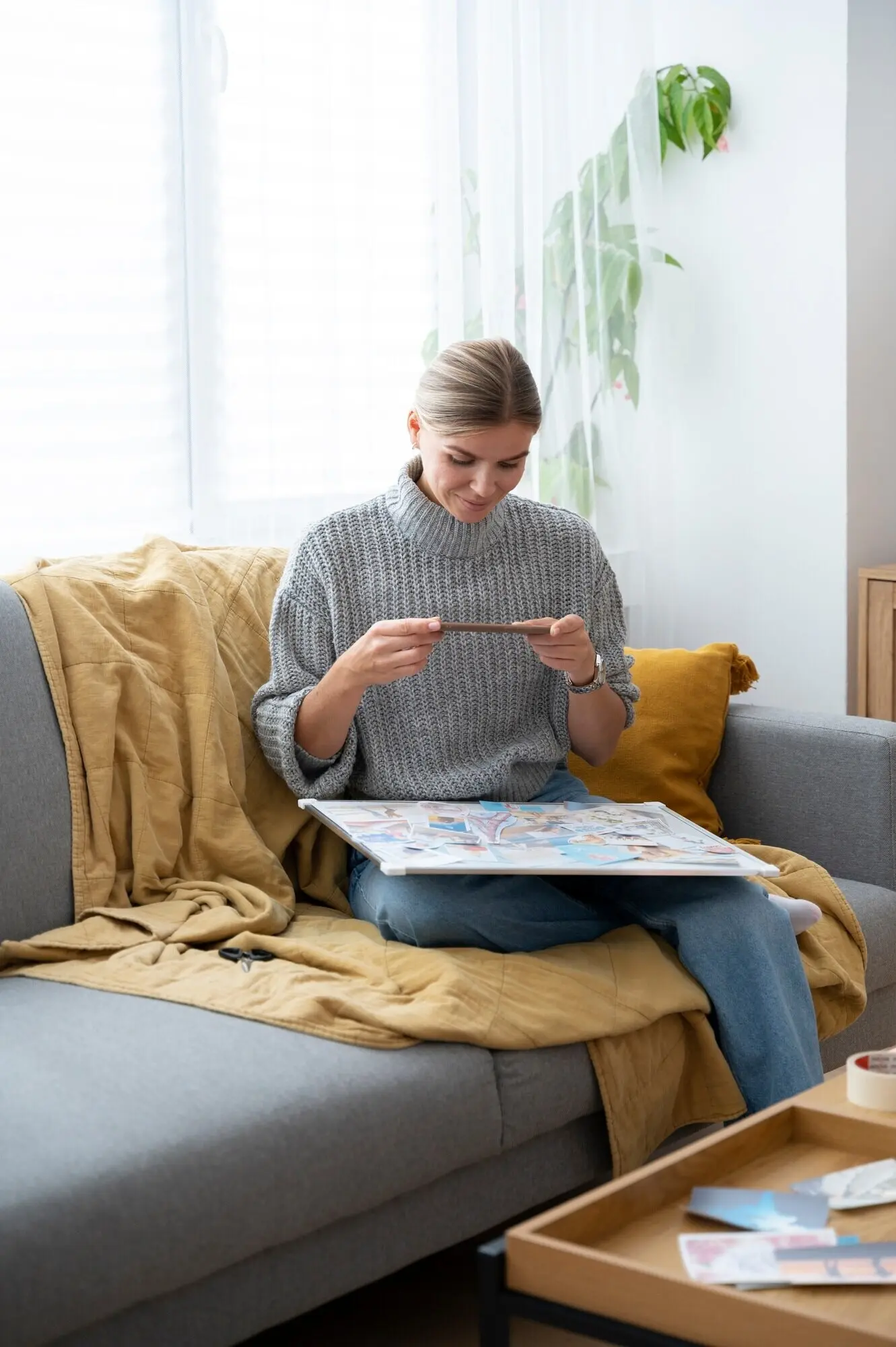 Frontal view of a woman taking photos